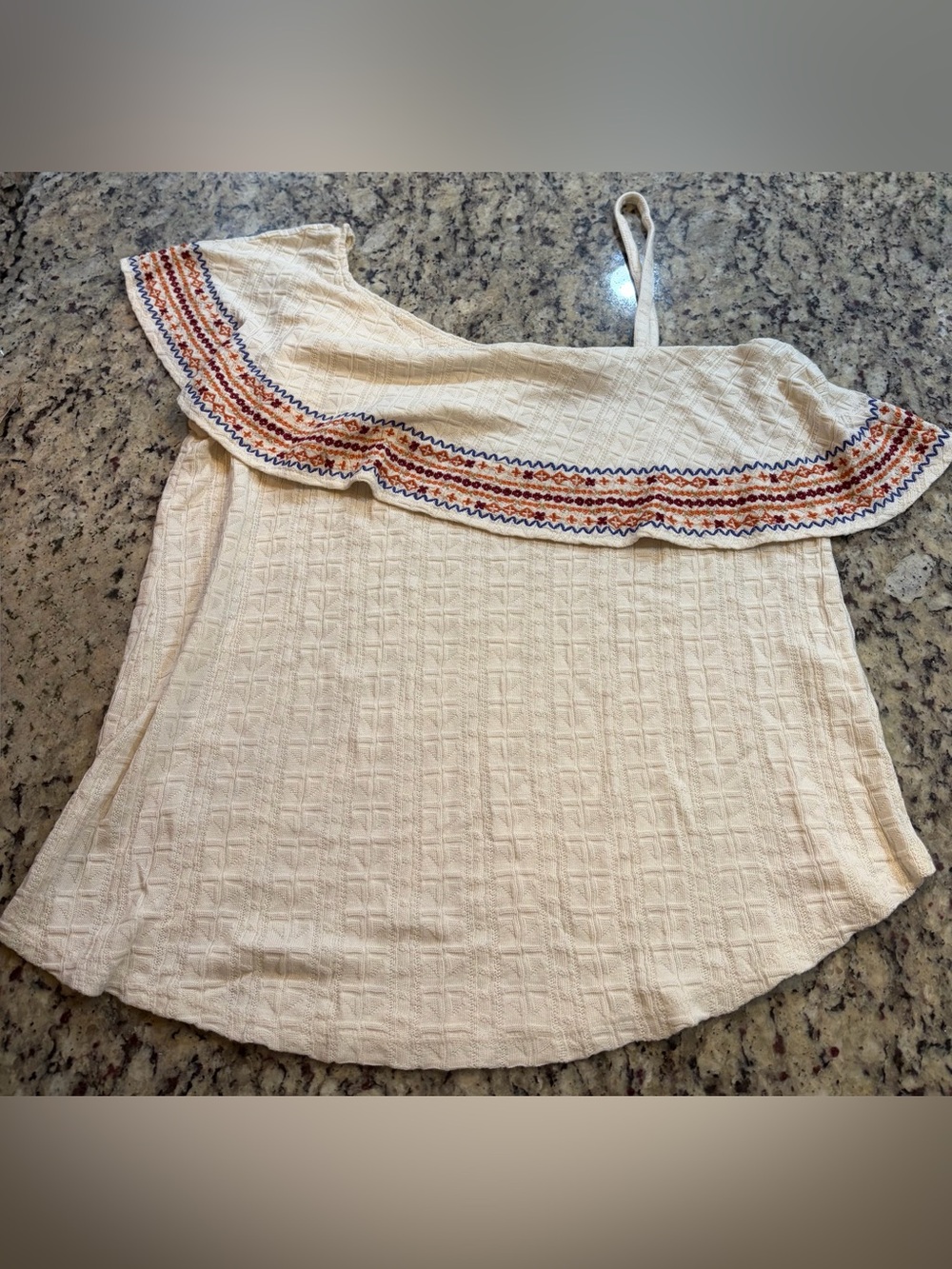 Lucky Brand Cream One-Shoulder Embroidered Ruffle Top
